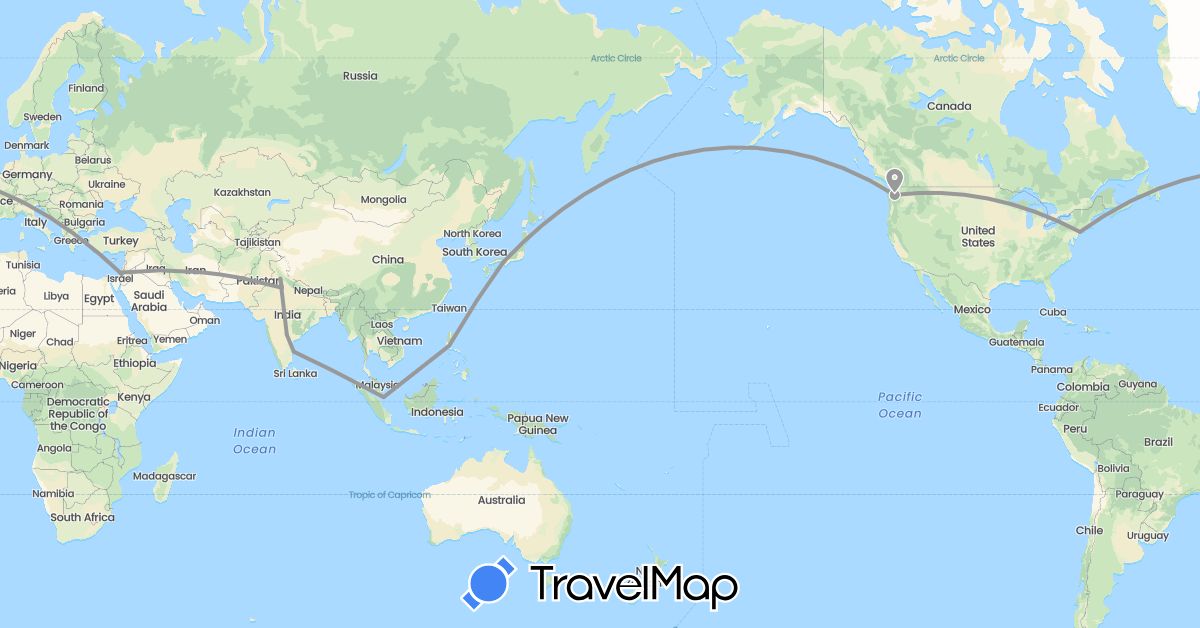 TravelMap itinerary: driving, plane in Israel, India, Japan, Philippines, Singapore, United States (Asia, North America)