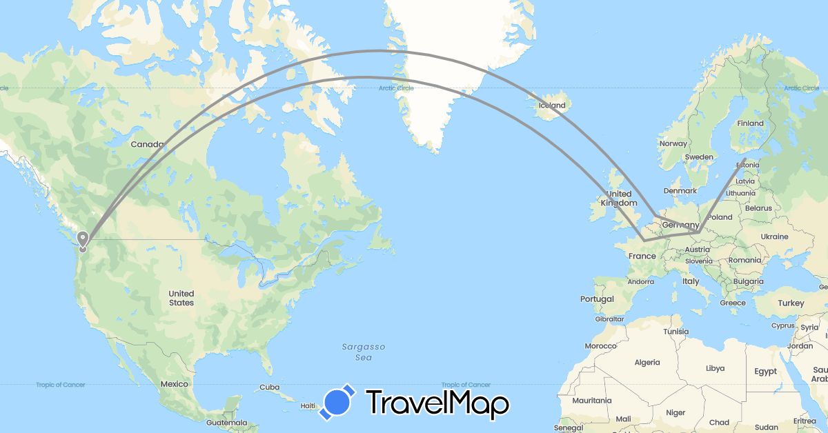 TravelMap itinerary: driving, plane in Czech Republic, Estonia, France, Netherlands, United States (Europe, North America)